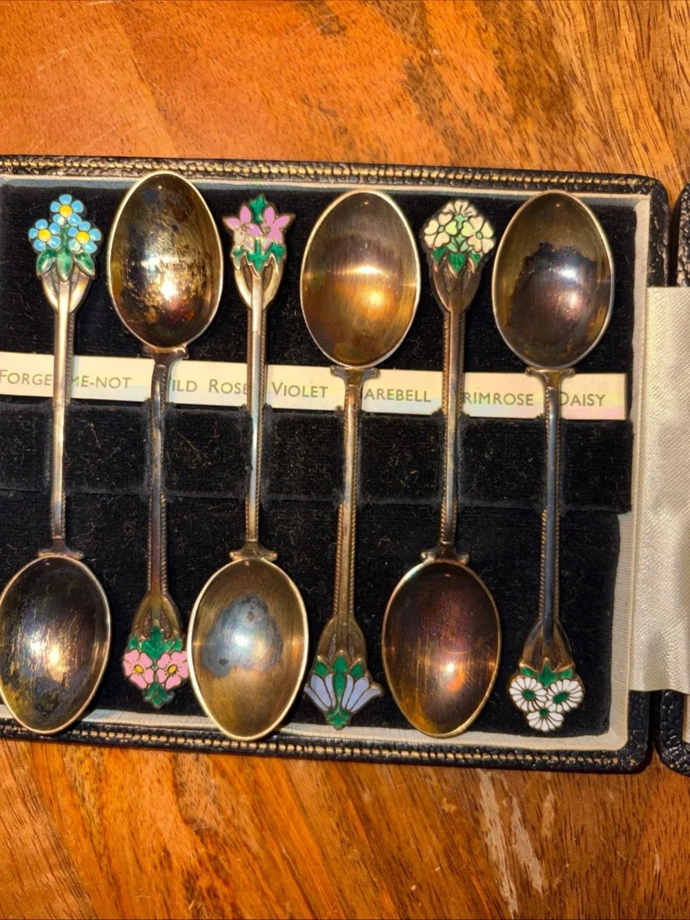 T&S Turner & Simpson Sterling Enamel Floral Demitasse Spoon Set (6) In Box UK